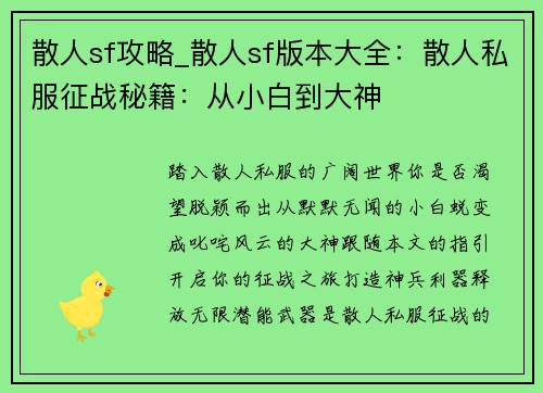 散人sf攻略_散人sf版本大全：散人私服征战秘籍：从小白到大神